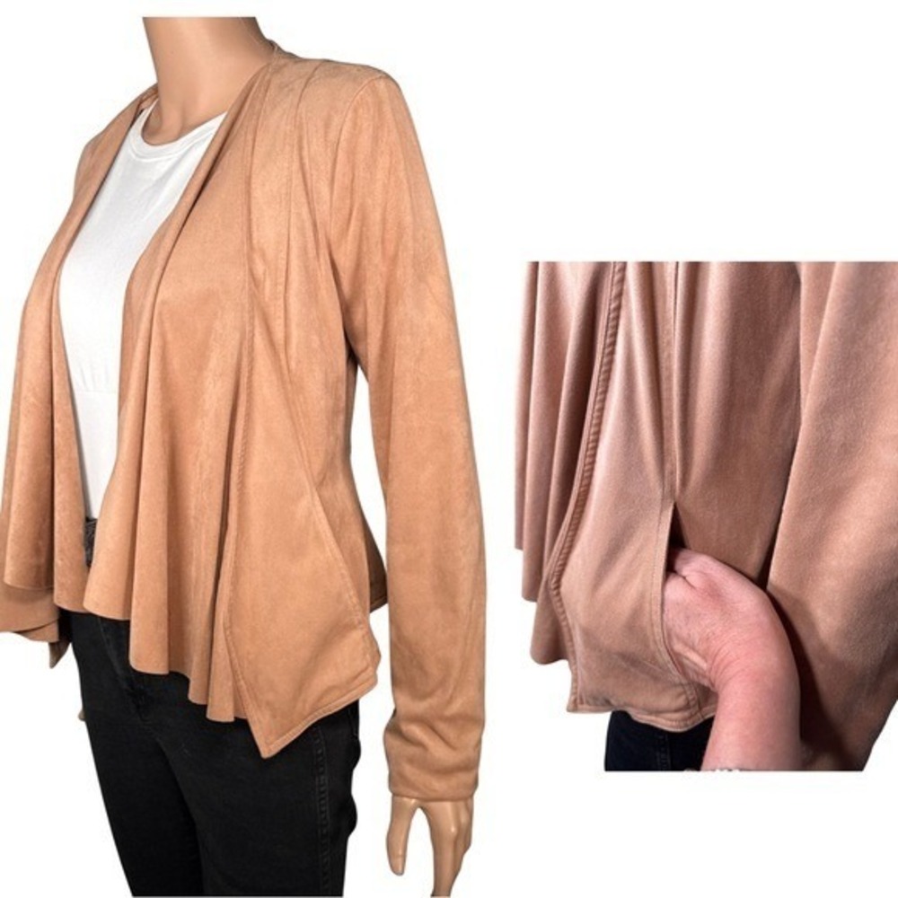 Hutch Tan Faux Suede Draped Waterfall Open Front Peplum Jacket XS